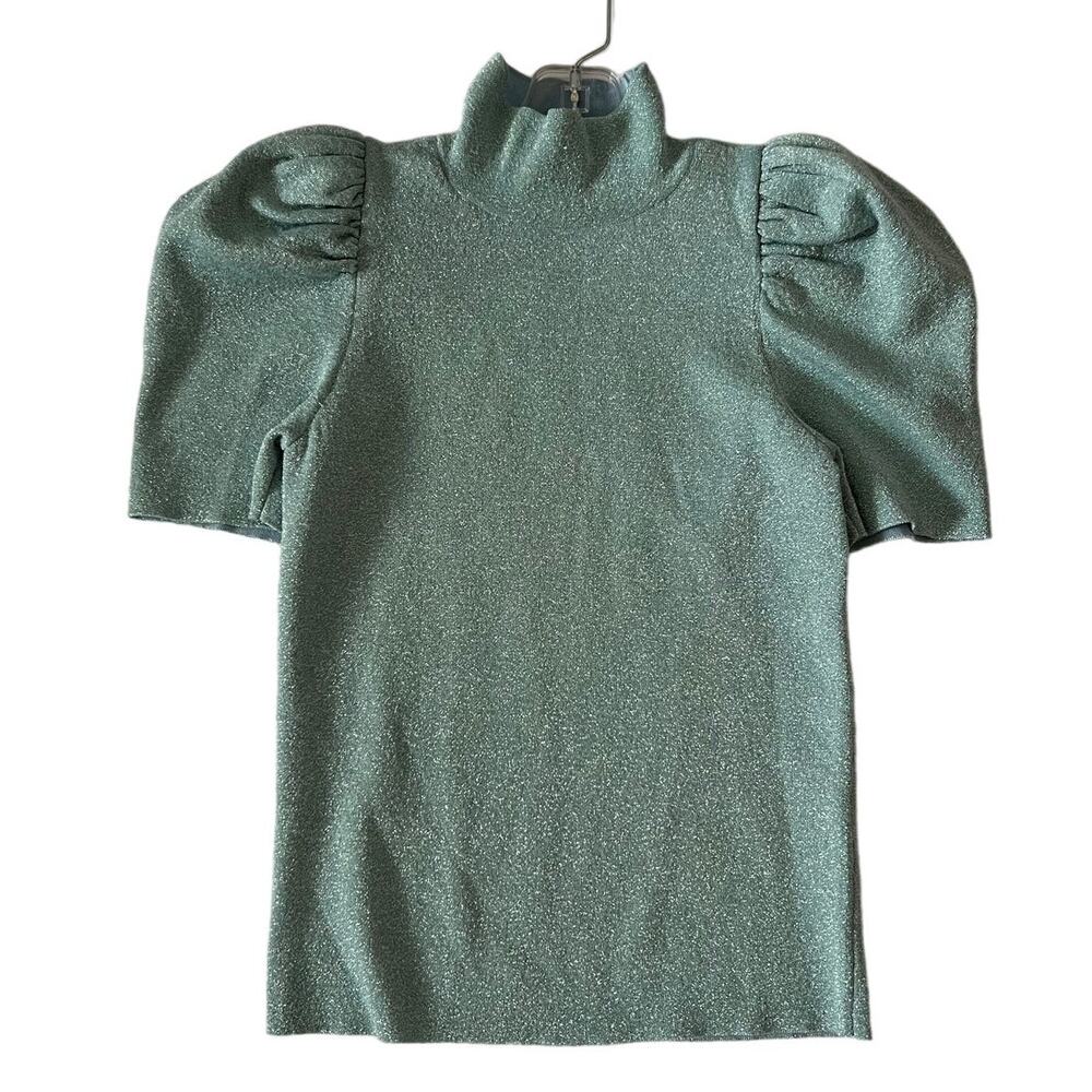 Alice + Olivia Metallic Sage Green Puff-Sleeve Turtleneck Sweater